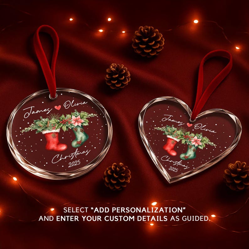 Personalized Christmas Stocking Ornament Custom Names & Year Romantic Couple Holiday Keepsake Handcrafted Glass Tree Decoration