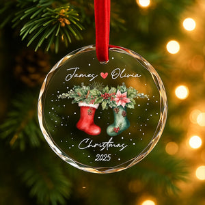 Personalized Christmas Stocking Ornament Custom Names & Year Romantic Couple Holiday Keepsake Handcrafted Glass Tree Decoration