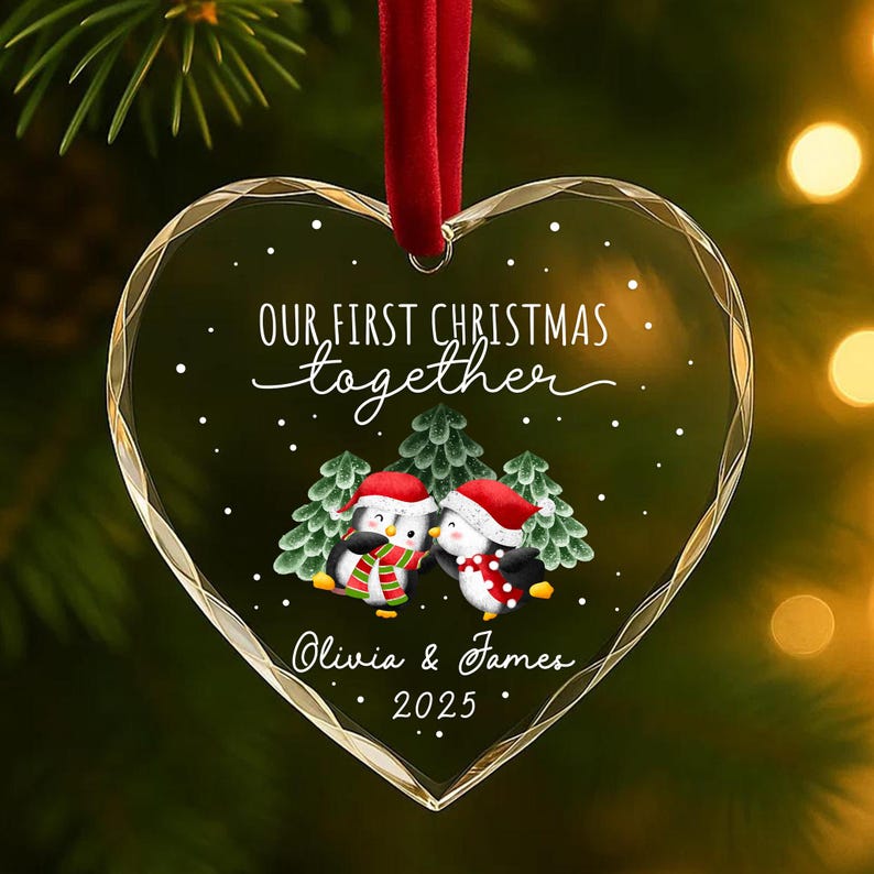 Personalized Our First Christmas Together Ornament Custom Couple Names & Year Heart Glass Penguin Holiday Keepsake