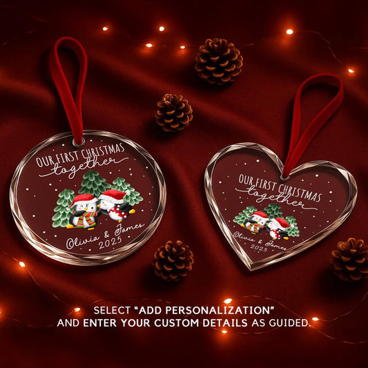 Personalized Our First Christmas Together Ornament Custom Couple Names & Year Heart Glass Penguin Holiday Keepsake