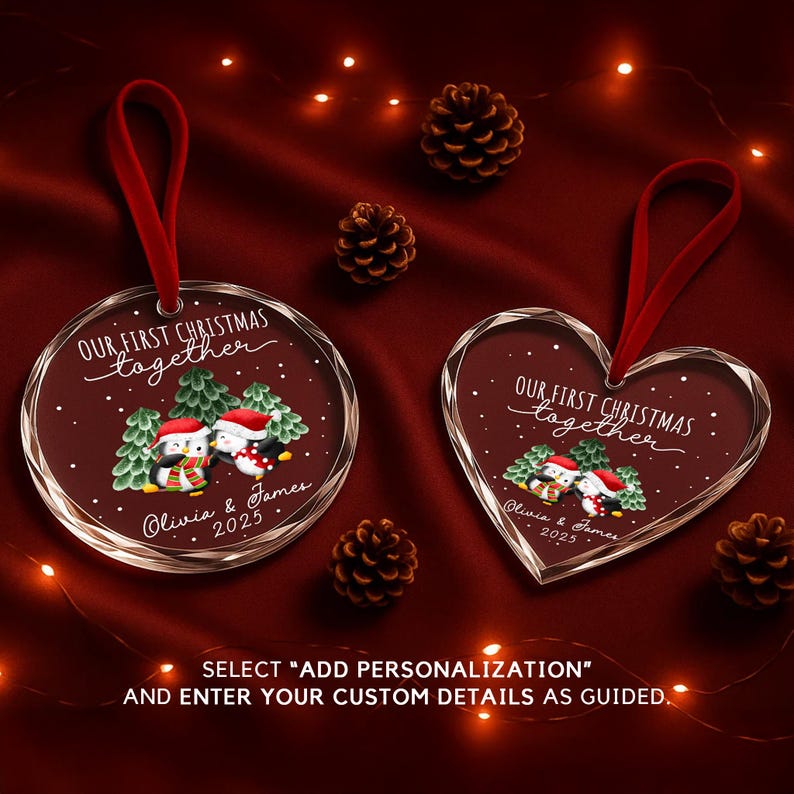 Personalized Our First Christmas Together Ornament Custom Couple Names & Year Heart Glass Penguin Holiday Keepsake