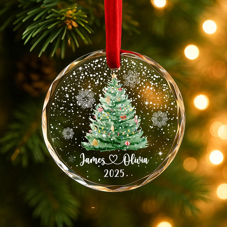 Personalized Christmas Tree Ornament Custom Couple Names & Year Heart Glass Snowflake Holiday Keepsake