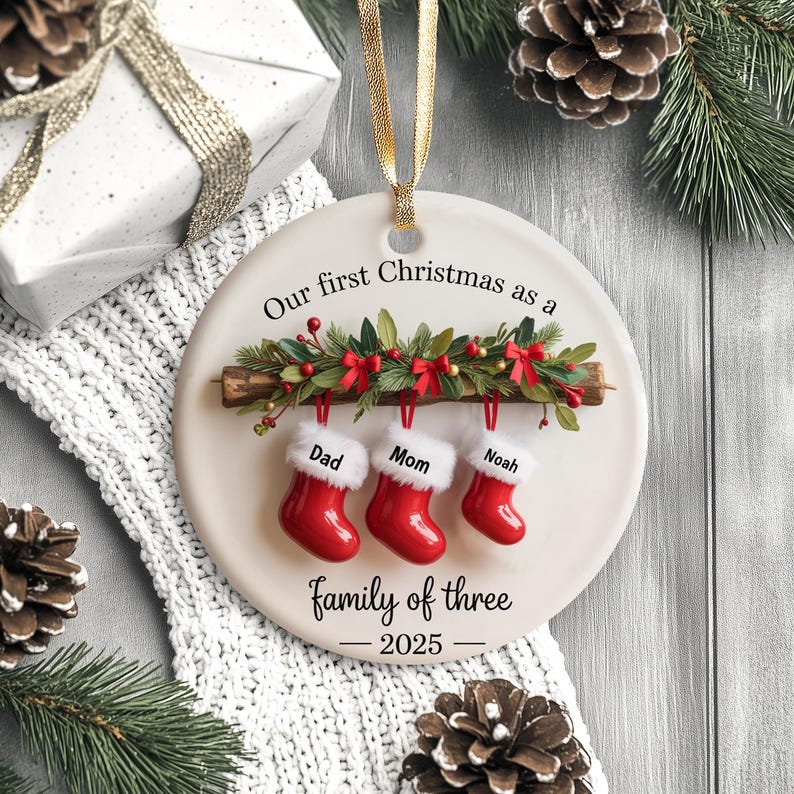 Personalized Family of Three Ceramic Christmas Ornament 2025, Custom New Family Ornament, Baby's First Christmas Ornament