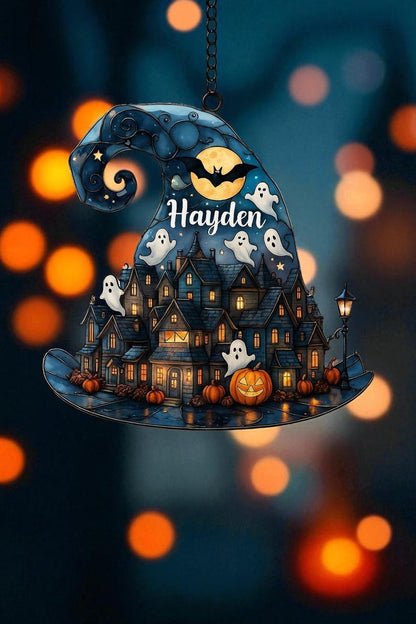 Personalized Halloween Witch Hat Suncatcher: Custom Name Haunted Village Decor