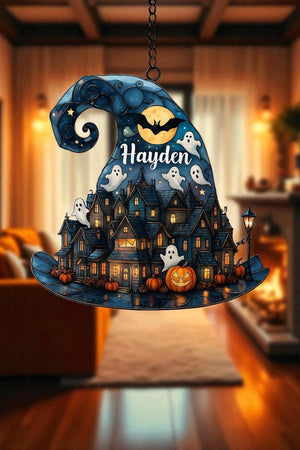 Personalized Halloween Witch Hat Suncatcher: Custom Name Haunted Village Decor