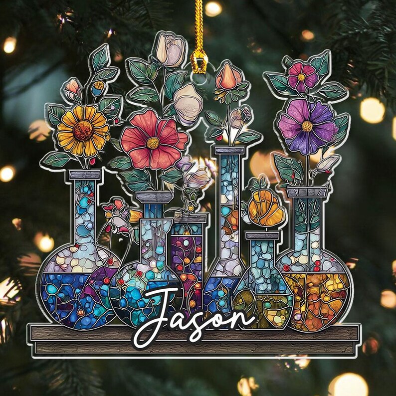 Personalized Science Bottle Acrylic Tree Ornament, Chemistry Teacher Decor, Lab Glassware Art, Back To School Gift, Stem Gift For Teachers