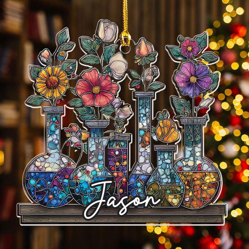 Personalized Science Bottle Acrylic Tree Ornament, Chemistry Teacher Decor, Lab Glassware Art, Back To School Gift, Stem Gift For Teachers