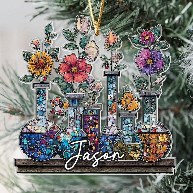 Personalized Science Bottle Acrylic Tree Ornament, Chemistry Teacher Decor, Lab Glassware Art, Back To School Gift, Stem Gift For Teachers