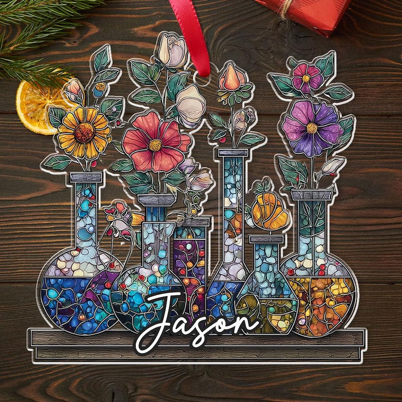 Personalized Science Bottle Acrylic Tree Ornament, Chemistry Teacher Decor, Lab Glassware Art, Back To School Gift, Stem Gift For Teachers