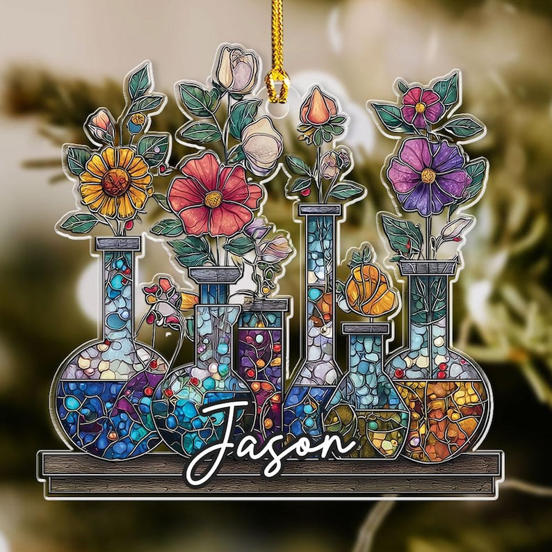 Personalized Science Bottle Acrylic Tree Ornament, Chemistry Teacher Decor, Lab Glassware Art, Back To School Gift, Stem Gift For Teachers