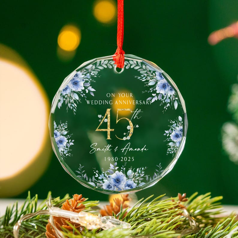 Personalized 45th Anniversary Glass Ornament Blue Floral Heart Keepsake Custom Names and Date Wedding Holiday Gift for Couple