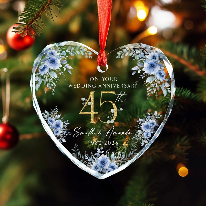 Personalized 45th Anniversary Glass Ornament Blue Floral Heart Keepsake Custom Names and Date Wedding Holiday Gift for Couple
