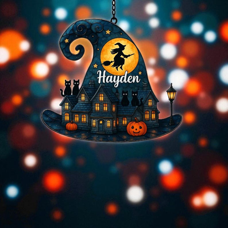 Personalized Halloween Witch Hat Suncatcher: Custom Name Haunted Village Decor