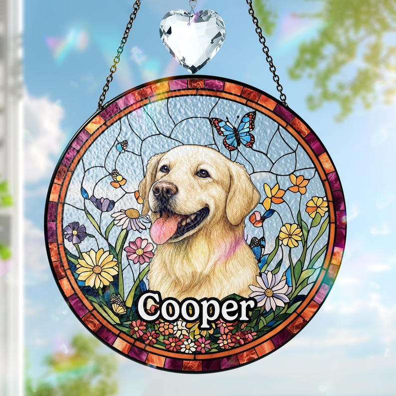 Custom Pet Portrait Stained Glass Suncatcher, Stained Glass Dog Memorial, Custom Dog Portrait from Photo, Pet Memorial Gift, Window hangings