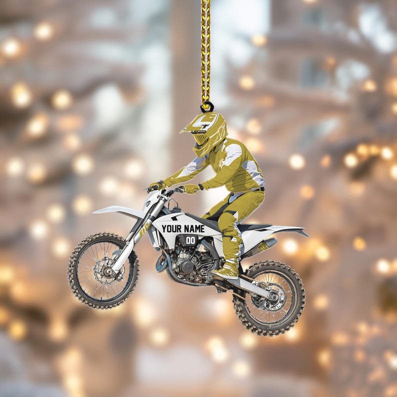 Personalized Name Motocross Dirt Bike Flat 2D Acrylic Christmas Ornament, Custom Name and Number Motocross Ornament, Gift For Racing Biker