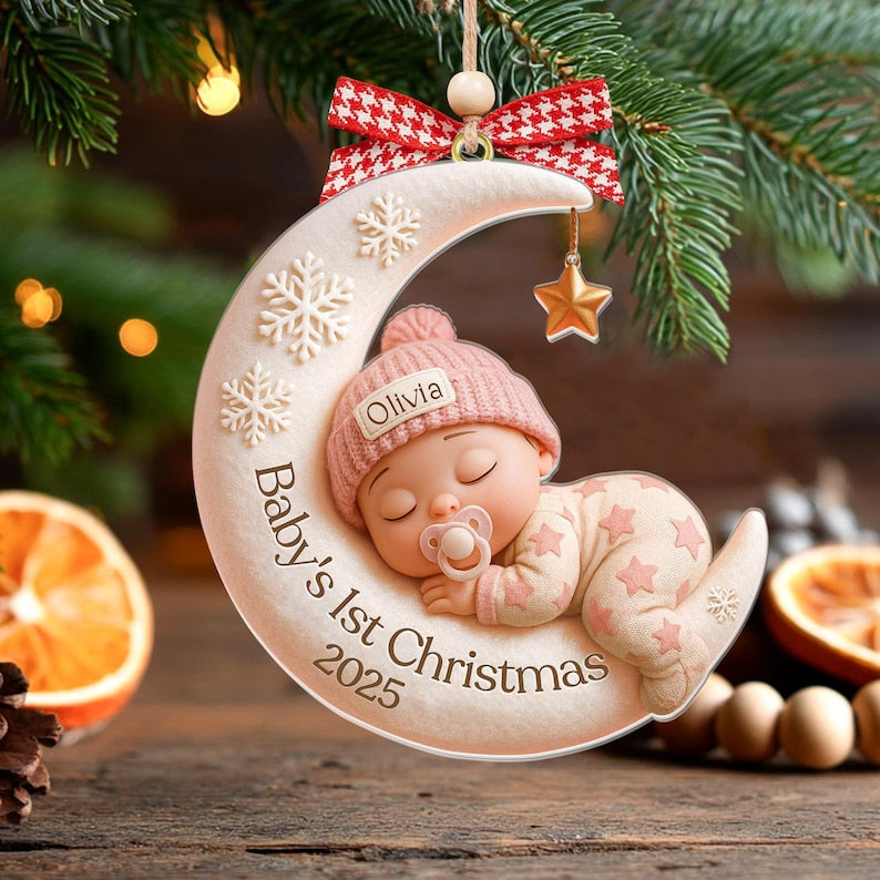 Baby s First Christmas Ornament Custom 3D Moon Acrylic Keepsake, Personalized Newborn Gift, Unique Holiday Decoration, Baby Gift Idea, 2D Flat Ornament