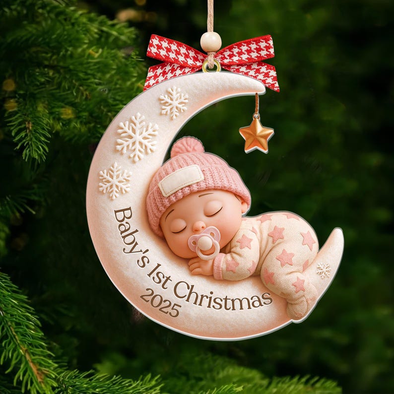 Baby s First Christmas Ornament Custom Moon Acrylic Keepsake, Personalized Newborn Gift, Unique Holiday Decoration, Baby Gift Idea