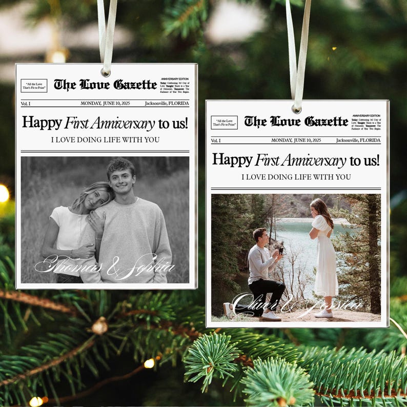 Personalized First Anniversary Gift, Custom Couples Photo Ornament, 1st Anniversary Newspaper Ornament, Gift For Boyfriend, Gift For Him