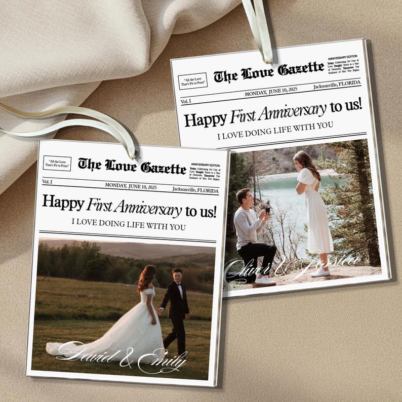 Personalized First Anniversary Gift, Custom Couples Photo Ornament, 1st Anniversary Newspaper Ornament, Gift For Boyfriend, Gift For Him