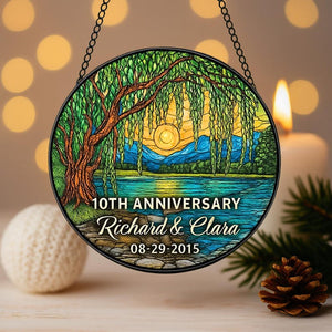Personalized 10th Anniversary Willow Stained Glass Style Suncatcher, Willow Tree 10 Years Ornament, Unique 10th Wedding Anniversary Gift