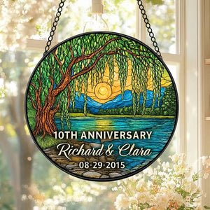 Personalized 10th Anniversary Willow Stained Glass Style Suncatcher, Willow Tree 10 Years Ornament, Unique 10th Wedding Anniversary Gift