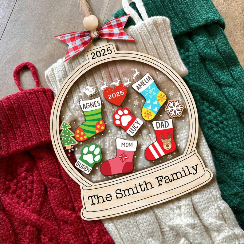 Personalized Family Stocking Ornament 2025 Christmas, Customize Family Christmas Stockings Shaker Ornament, Family and Pet Ornament Keepsake