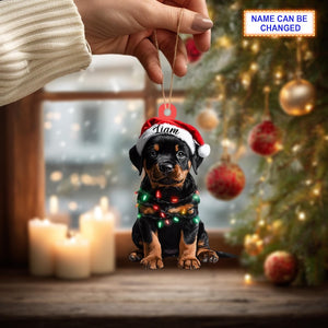 Custom Name Rottweiler Cute Dog With Santa Hat Christmas Lights Ornament, Christmas Tree Hanging Decor, Christmas Ornament, Flat 2D Ornament
