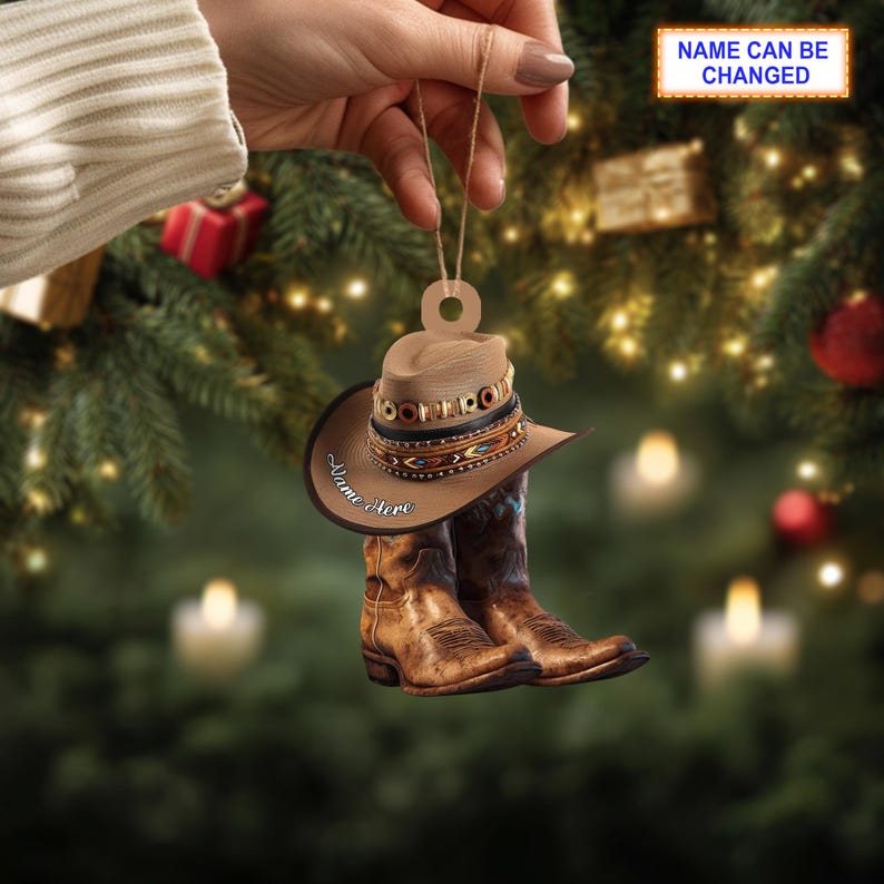 Custom Name Cowboy Boots And Hat Personalized Ornament, Christmas Tree Hanging Decor, Christmas Ornament, Flat 2D Ornament, Boot Stockings