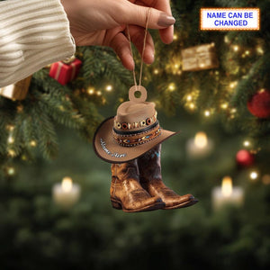 Custom Name Cowboy Boots And Hat Personalized Ornament, Christmas Tree Hanging Decor, Christmas Ornament, Flat 2D Ornament, Boot Stockings