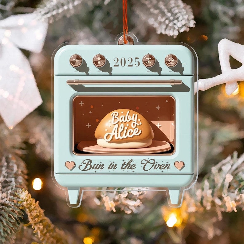 Custom Bun in the Oven Ornament, Pregnancy Acrylic Window Hanging Expecting Ornament, Parents to Be Gift Announcement Christmas Ornament