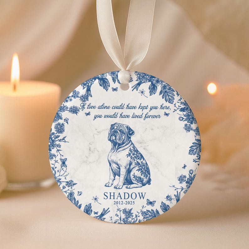 Personalized Dog Memorial Christmas Ornament, Toile De Jouy Pet Memorial Gift,Forever Loved MemorialGift for Pet Lovers,Loss of Dog Keepsake
