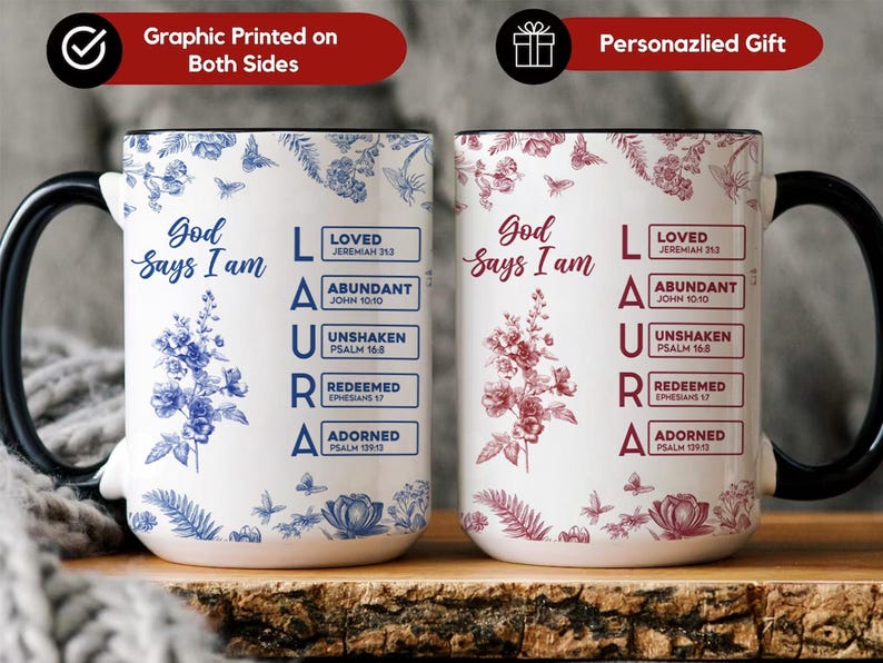 Personalized Christian Mug With Name, God Says I Am Bible Verse Coffee Cup, Custom Scripture Gift for Daughter, Toile De Jouy Religious Gift
