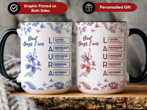 Personalized Christian Mug With Name, God Says I Am Bible Verse Coffee Cup, Custom Scripture Gift for Daughter, Toile De Jouy Religious Gift