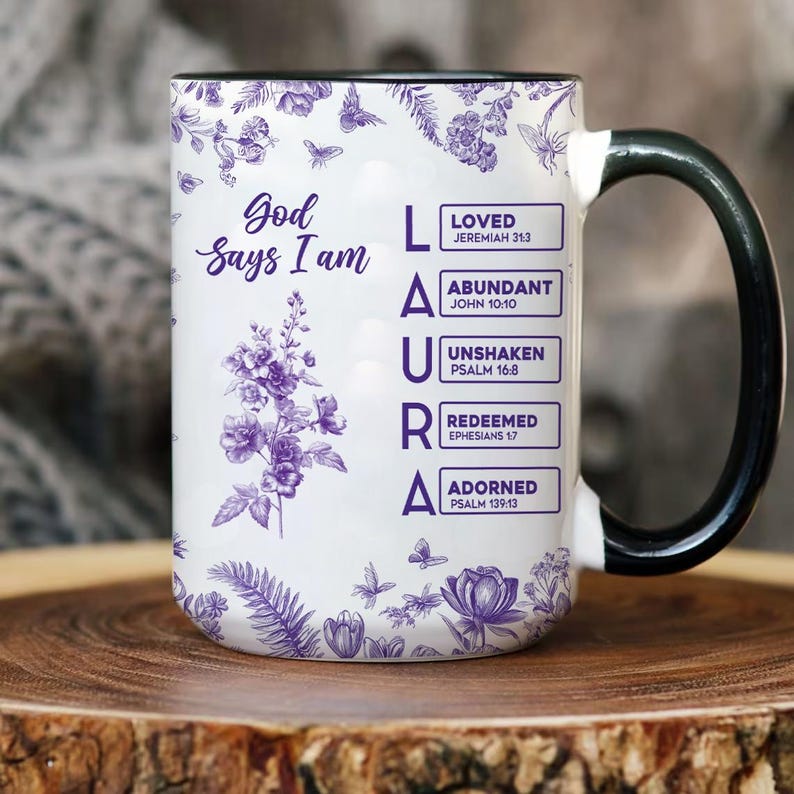 Personalized Christian Mug With Name, God Says I Am Bible Verse Coffee Cup, Custom Scripture Gift for Daughter, Toile De Jouy Religious Gift