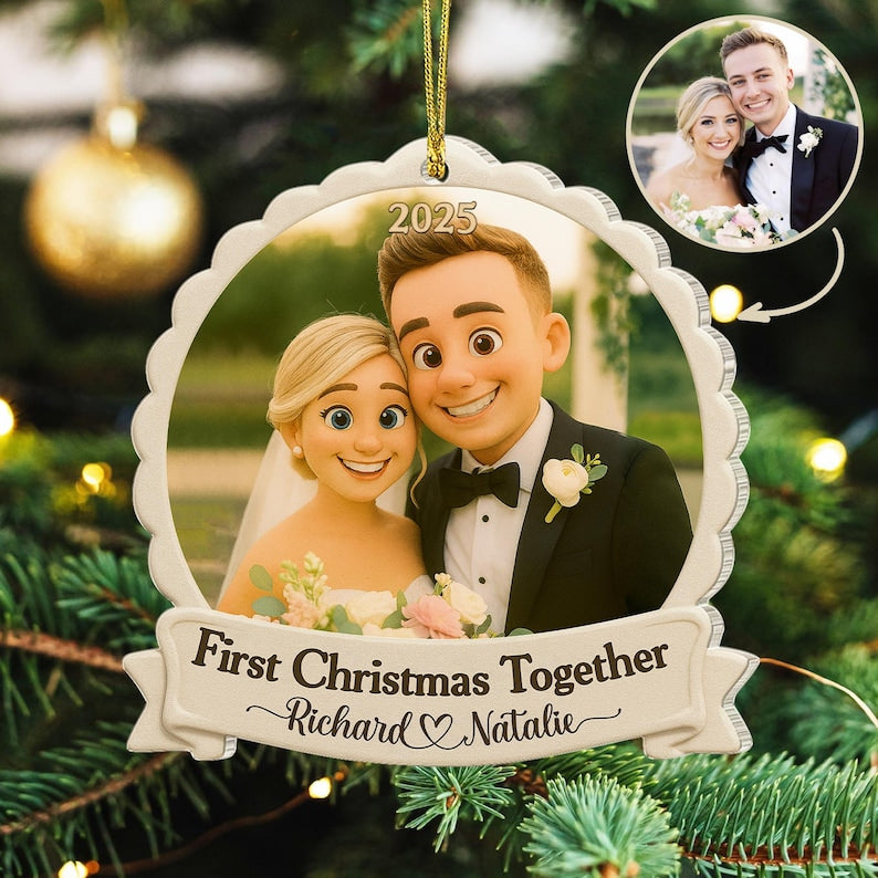 Personalized First Christmas Married Ornament, Custom Couples Photo Figure Ornament, First Christmas Together Gift For Him, Newlywed Gift