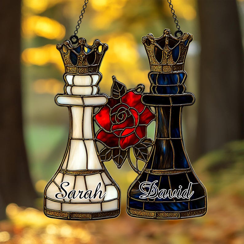 Personalized King And Queen Chess Piece Faux Stained Glass Acrylic Suncatcher Wedding Gift Custom Name Suncatcher
