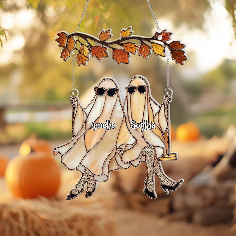 Custom Halloween Ghosts Suncatcher Best Friends Gift, Ghost Besties Halloween Decor, Spooky Bestie Gift, Halloween Window Hanging