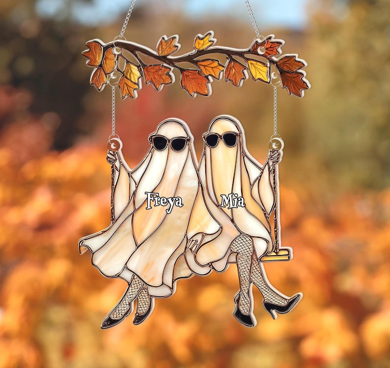 Custom Halloween Ghosts Suncatcher Best Friends Gift, Ghost Besties Halloween Decor, Spooky Bestie Gift, Halloween Window Hanging