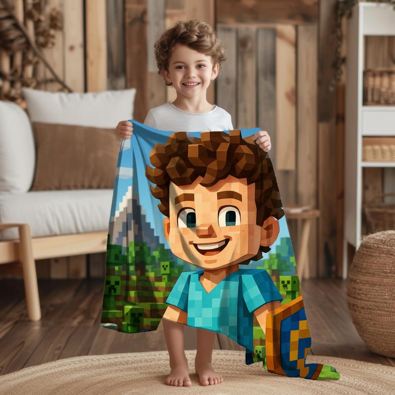 Personalized Pixel-Style Blanket,Custom Face & Name Gamer Blanket, Game Lover Gift for Kids/Boys/Son, Videogames Gift Birthday or Christmas.