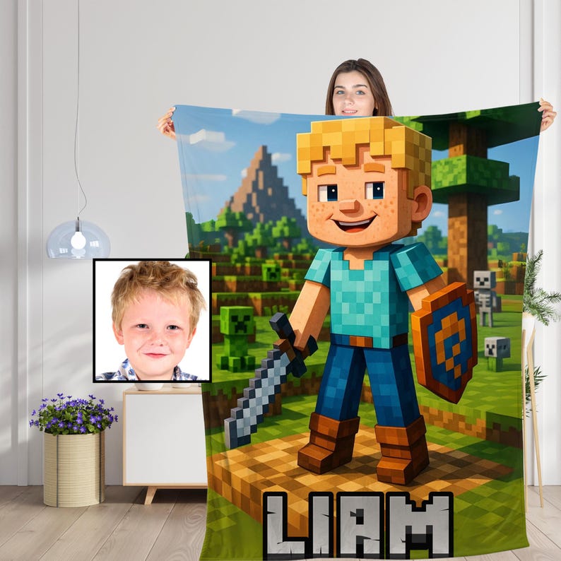 Personalized Pixel-Style Blanket,Custom Face & Name Gamer Blanket, Game Lover Gift for Kids/Boys/Son, Videogames Gift Birthday or Christmas.