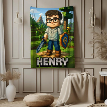 Personalized Pixel-Style Blanket,Custom Face & Name Gamer Blanket, Game Lover Gift for Kids/Boys/Son, Videogames Gift Birthday or Christmas.