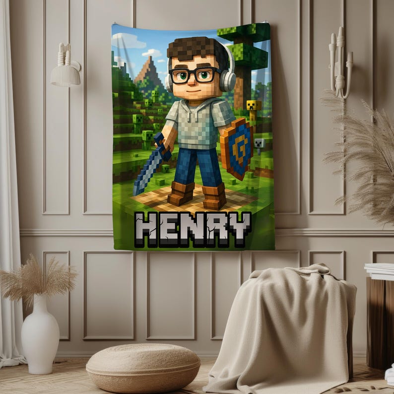 Personalized Pixel-Style Blanket,Custom Face & Name Gamer Blanket, Game Lover Gift for Kids/Boys/Son, Videogames Gift Birthday or Christmas.