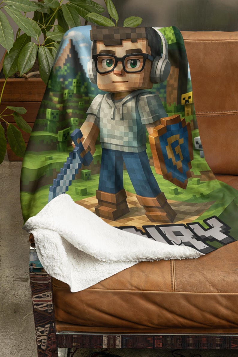 Personalized Pixel-Style Blanket,Custom Face & Name Gamer Blanket, Game Lover Gift for Kids/Boys/Son, Videogames Gift Birthday or Christmas.