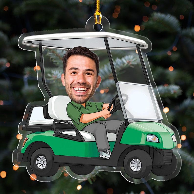Personalized Photo Golf Cart Ornament, Gift For Golfer Golf Lover, Christmas Home Design, Flat 2d Ornament, Christmas Gift, Acrylic Ornament