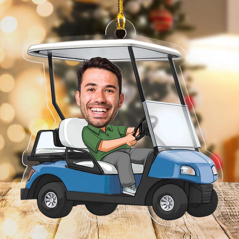 Personalized Photo Golf Cart Ornament, Gift For Golfer Golf Lover, Christmas Home Design, Flat 2d Ornament, Christmas Gift, Acrylic Ornament