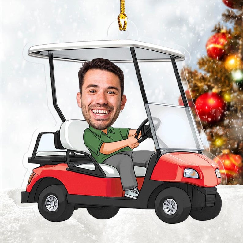 Personalized Photo Golf Cart Ornament, Gift For Golfer Golf Lover, Christmas Home Design, Flat 2d Ornament, Christmas Gift, Acrylic Ornament