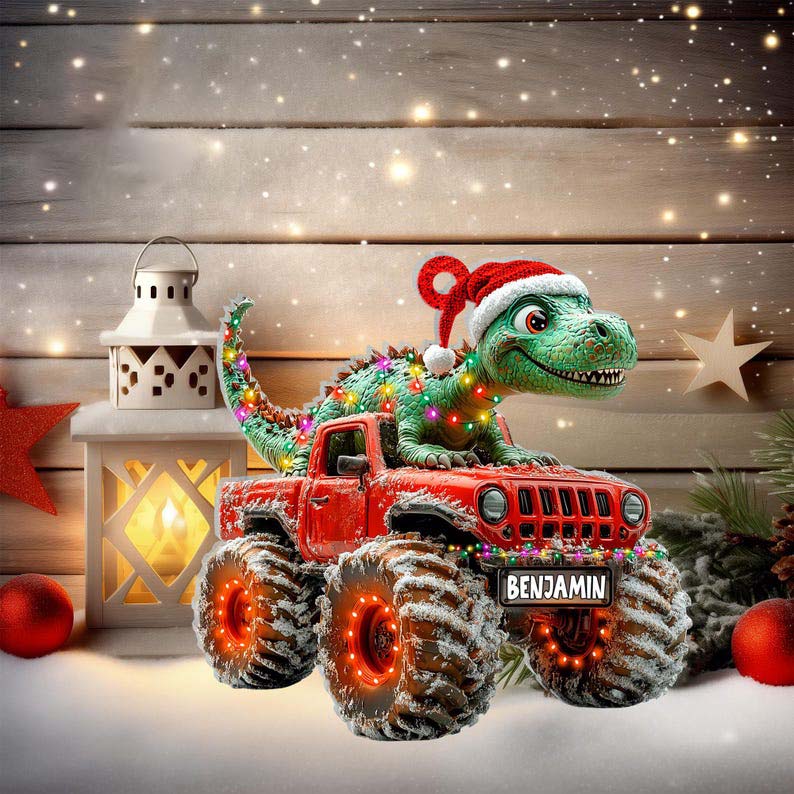 Custom Dinosaur Christmas Ornament, Monster Truck Ornament,Boys Dino Christmas Ornament,Baby Boy Christmas Present,Christmas Gift For Child