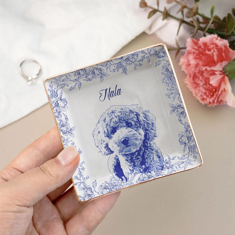 Custom Pet Portrait Jewelry Dish: Toile De Jouy Ceramic Trinket Dish