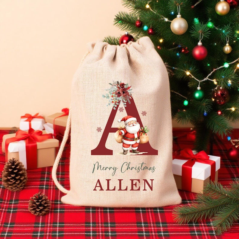 Personalized Santa Sack, Large Christmas Sack, Personalized Christmas Toy Sack with Name Initial, Christmas Gift Bag, First Christmas Gift