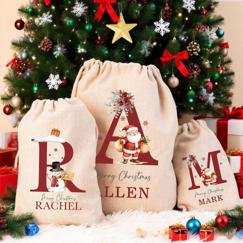Personalized Santa Sack, Large Christmas Sack, Personalized Christmas Toy Sack with Name Initial, Christmas Gift Bag, First Christmas Gift